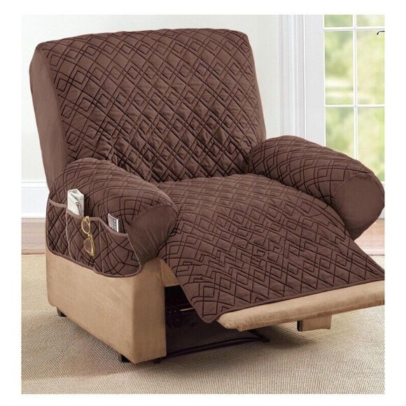 Diamond Quilted Stretch Recliner Cover with Storage Pockets Chocolate Brown New - Picture 1 of 1